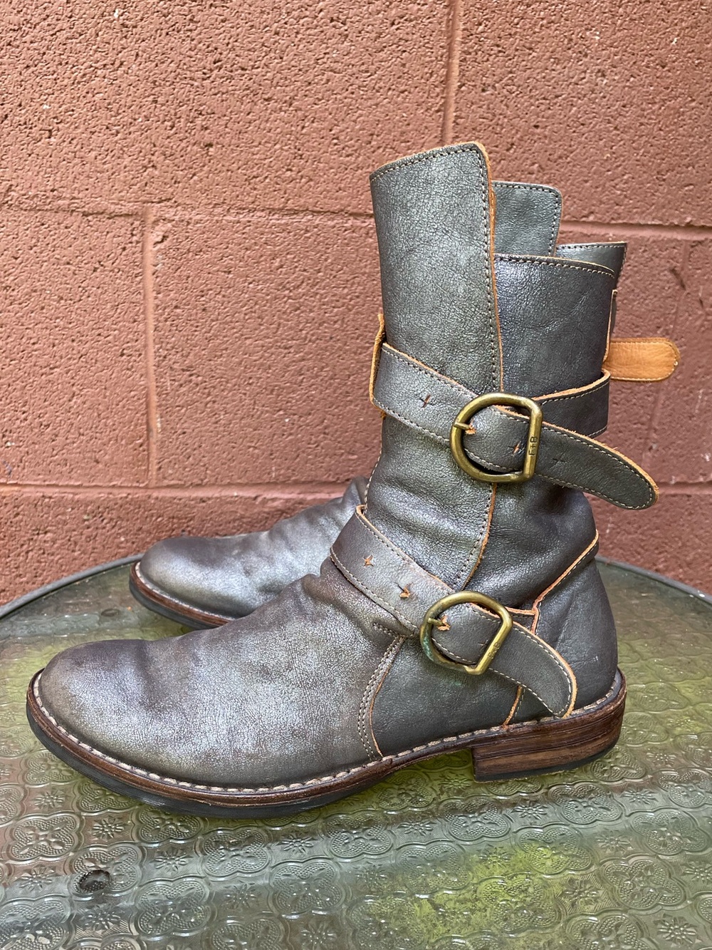 Fiorentini and Baker 2 Buckle Distressed Metallic Pewter Eternity Boots Size 38